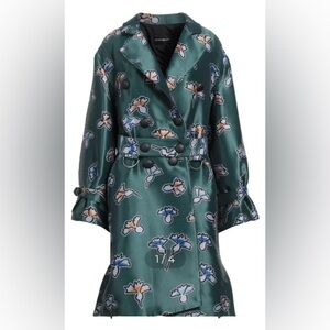 Armani Teal Green Silk Printed Double-Breasted Trench Coat Size 6 USA